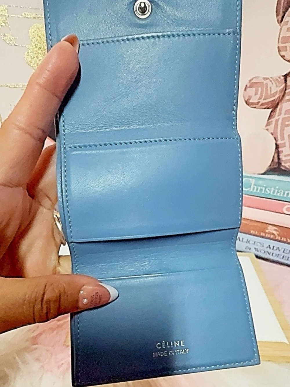 Celine Small Strap Wallet Light Blue Pebbled Leather Snap Closure